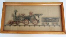 Vintage MCM framed string art pin & thread art train engine locomotive railroad picture