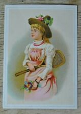 Antique Victorian Greeting Card Women in Straw Hat Holding Tennis Racket picture
