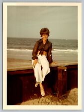 Pretty girl at beach Vintage Snapshot Photo 1970 picture