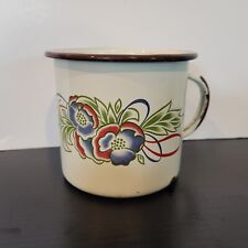 Vintage Enamel Ware Coffee Cup Mug Red/Blue/Green Floral Brown Rim & Handle Mug picture