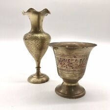 Vtg Brass Combined Vase Set of 2 Hand Etched & Painted Made in India Patina picture