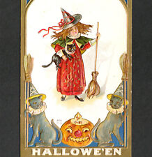 Halloween Witch Girl Nash H15 Embossed Pumpkin JOL Cats Broom Spiderweb PostCard picture