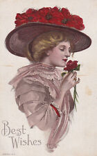 Vintage Victorian Woman Best Wishes Greetings Linen Postcard Unused Divided Back picture