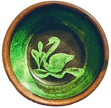 Vintage Mexican Patamban Michoacan Green Glaze Bird Art Pottery Trinket Bowl picture