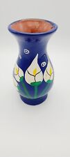 Vintage Hand Painted Mexican Terra Cotta Clay Pottery  Blue Vase Calla Lilies picture
