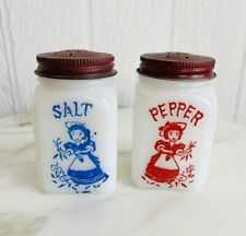 Vintage McKee Milk Glass Garden Girl Red & Blue Salt And Pepper Shakers  picture