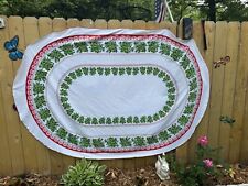Vintage Christmas Oval Table Cloth 88” X 59” Hollies & Berries~Rolled Edge picture