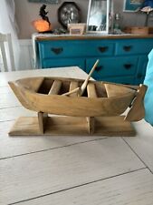 13” Hand Carved Wooden Boat With Movable Rudder And Oars On Display Stand picture