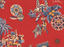 Vtg 40s Rayon Fabric Aztec Missions Pottery Palms Guitarist on RED picture