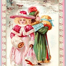 c1890s Cute Victorian Little Girls Puffy Hand Warmer Trade Card Snow Winter C35 picture