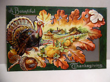 PC 2607 - THANKSGIVING POSTCARD - TURKEY IN PASTORAL SETTING FRAMED IN RED LEAF picture