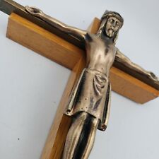Crucifix Heavy Metal Bronze Tone Oak Wood 3D 13” Vtg Mod Vintage picture