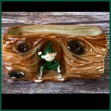 Vintage MCM Green Elf Planter Pixie Sitting in Log Ceramic Retro GrannyCore picture