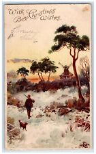 c1905 Christmas Man Dog Hunting Windmill Winter Snow Oyster Bay NY Postcard picture