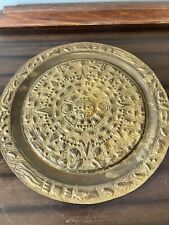 Large Vintage Hammered Brass Mayan Sun Calendar Wall Hang Mexico Aztec Art Tray picture
