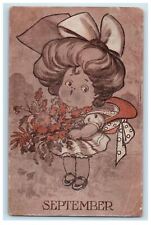 c1910's Cute Little Girl Big Ribbon Hat And Flowers September Antique Postcard picture
