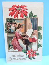 VTG 1900's - EMBOSSED POINTSETTIA PC. WOMAN & GIRL SANTA LOOKING IN WINDOW -NOS  picture