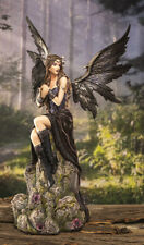 Necromancy Gothic Black Fairy With Raven Crow Sitting On Rock Figurine 15.25