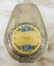 ANTIQUE VINTAGE GUILLOCHE YELLOW BLUE FLOWERS GOLD BIRD COMPACT picture