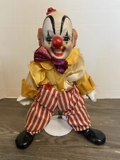 1980's Creepy Carnival Clown Doll Figurine & Stand Red Stripe Pants Ceramic Head picture