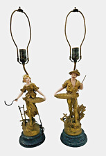 Antique Pair of FARMER LAMPS Man and Wife Wheat Farming Polychrome Painted Metal picture