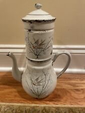 Unique Shaped Vintage White Enamelware biggin coffee pot w/ painted bird design  picture