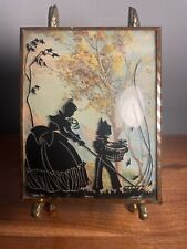 Vintage Framed Reverse Painted Silhouette On Convex - Woman Child Gather Leaves picture