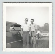 Photo 3x3 B&W Two Men Standing in Front of Convertible with Top Up picture