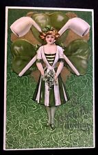 St Patricks Day~Pretty Irish Lady~Double Pipes~Clover~ Schmucker Postcard ~h286 picture