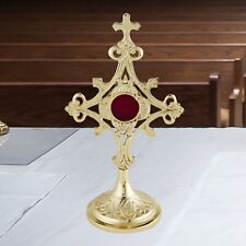 High Polished Brass Ornate Floury Cross Top Scrollwork Frame Reliquary 9 1/2 In picture