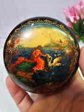 Vtg Russian Lacquer Box w Swan Lake trees Princess/ Woman Round Signed- READ- B9 picture