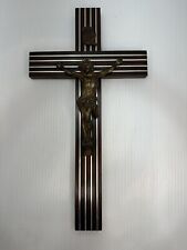 Vintage Antique Silver Metal Inlay Crucifix Cross Heavy Wood 14” X 7 1/2” picture