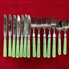 VINTAGE PLASTIC RIVET HANDLE STAINLESS 14 PC LOT FLATWARE SET. MADE IN KOREA picture