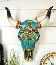 Southwest Steer Bison Cow Aztec Sun Gold And Turquoise Mosaic Skull Wall Decor picture