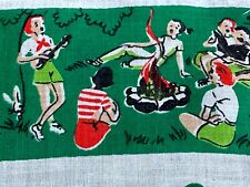 1950's Girl Scouts Have Fun JAMBOREE Novelty Scarf Barkcloth Era Vintage Fabric picture