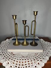 Vintage Brass French Horn Candle Holders Set 3 picture