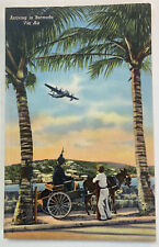 Vintage Linen Postcard ~ Arriving by Air, Airplane, Mule Cart ~ Bermuda picture