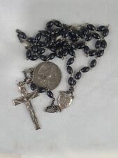 21 Inch Sterling HMH Crucifix Pearl Black Rosary Bead Come Holy Ghost Medal picture