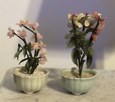 Vintage Pair Of Chinese Jade Glass Leave, Flowers In A Green Celadon Pot picture