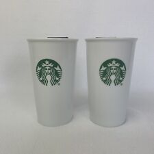 Starbucks Ceramic Travel Mugs 10 Oz White Tumbler with Black Lid Set of Two picture