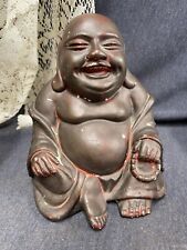 Vintage Chalkware Sitting Happy Bronze/Red Buddha Of Wealth 7.5