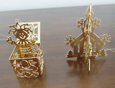 Two Danbury Mint Gold Christmas Ornaments 1984 Jack in the Box & 1981 Church picture