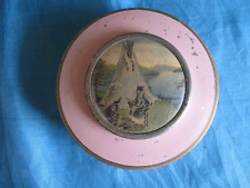 Antique Round Pink Tin Raised Celluloid Native American Camp Scene Art Graphic picture