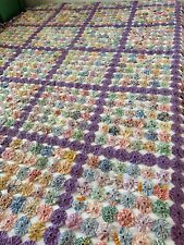 Vintage 1930s Handmade YoYo Square Pattern Feed Sack Purple Popcorn Quilt 93x79” picture