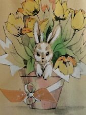 Vintage Early 1900s Happy Easter Bunny Rabbit In Tulip Pot Volland Made In USA picture