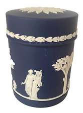 WEDGWOOD COBALT BLUE JASPERWARE TEA CADDY/TOBACCO JAR w/LID Sacrifice Figures picture