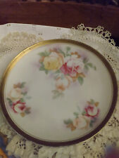 antique german porcelain pink roses gold plate greek key dish dresden deco picture