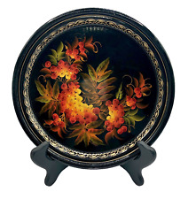 Zhostovo Russian Hand Painted Tole Tray Signed Berries Fruit Black Metal Round 9 picture