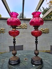 HUGE Pair Original Antique Cranberry Ruby Embossed Mould Glass Duplex Oil Lamps picture