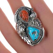 Sz11 Huge Vintage Zuni Carved Coral, turquoise, sterling ring picture